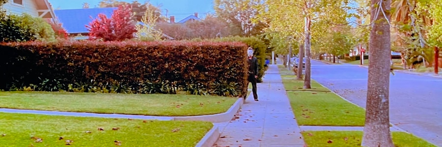 A man in a white Halloween mask along a suburban street staring at us.