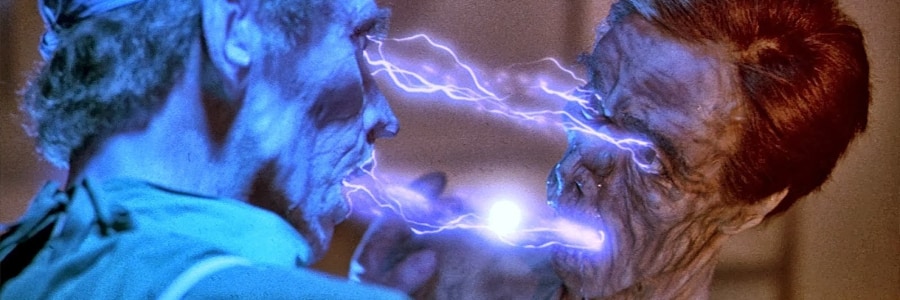 Two zombie-like creatures with lightning between their mouths.