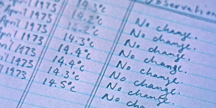 Paper with the words no change written over and over in pencil.