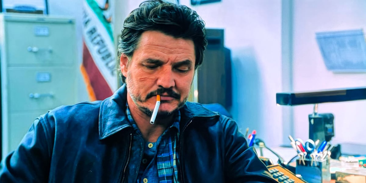 Pedro Pascal with a bent cigarette in his mouth